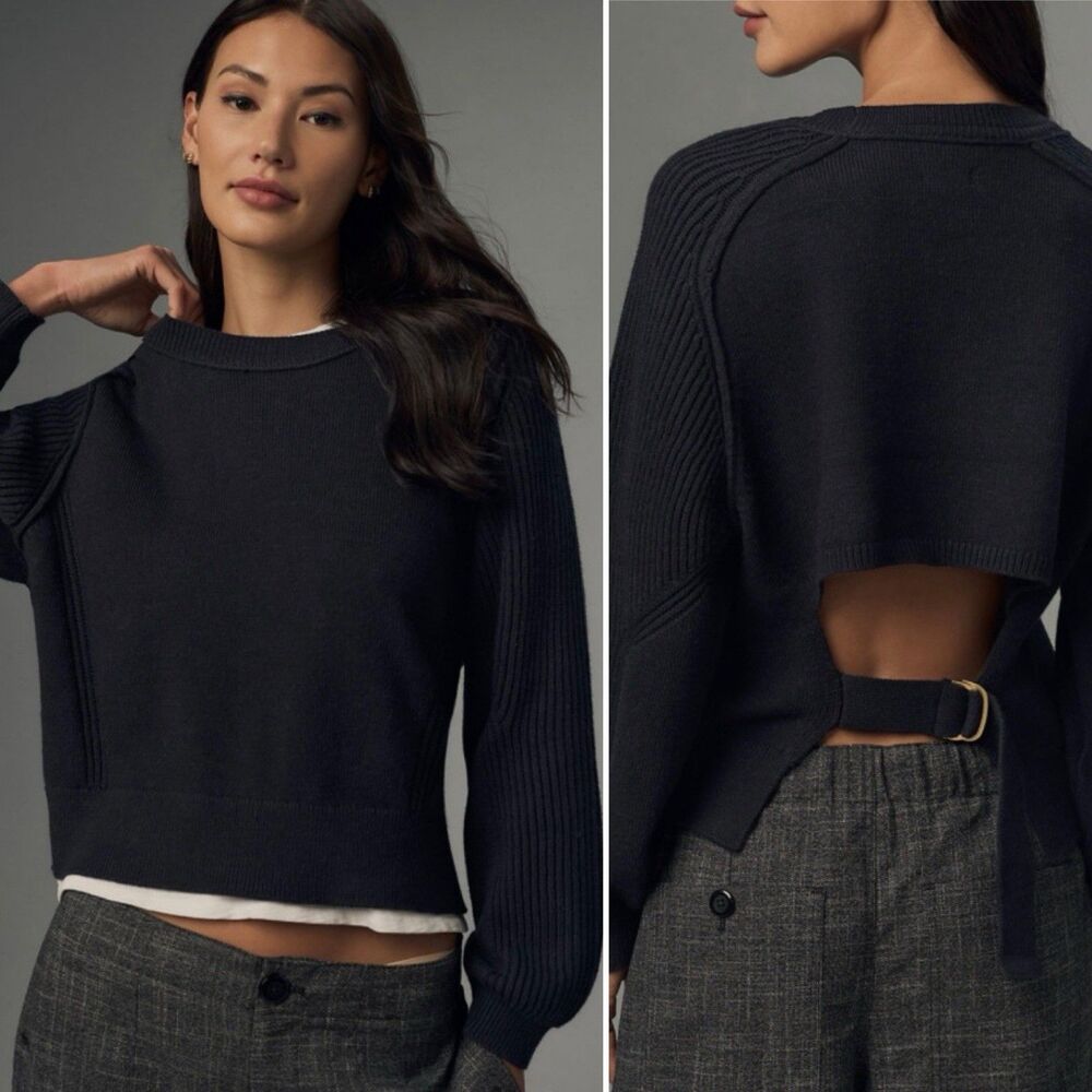 Pilcro Anthropologie Black Buckled Open Back Sweater Size S